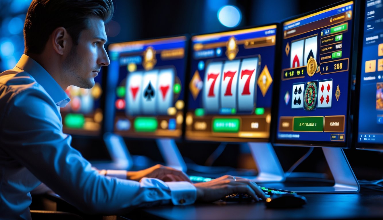 Seorang pria fokus bermain live casino online di depan beberapa layar komputer dengan tampilan permainan kasino.