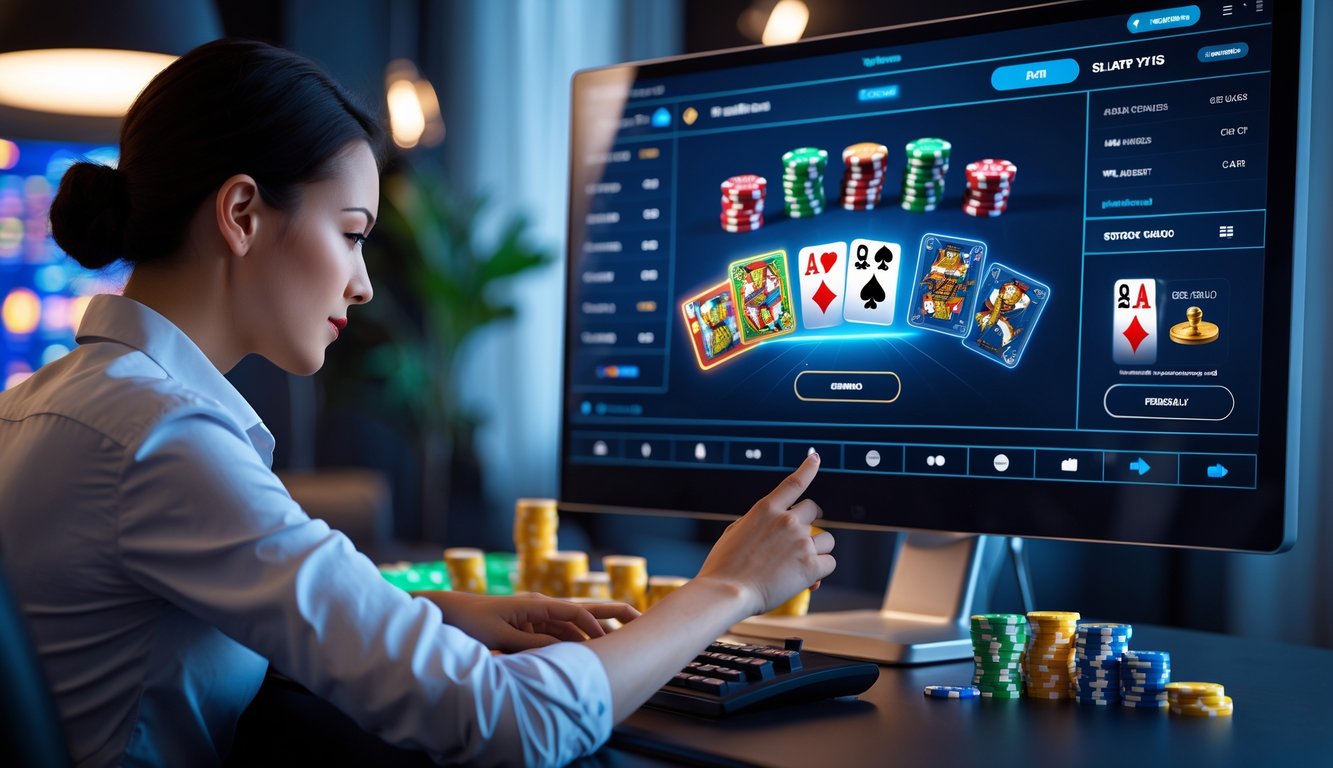 Seorang individu fokus menggunakan layar sentuh di depan monitor yang menampilkan permainan dealer langsung di kasino online modern.