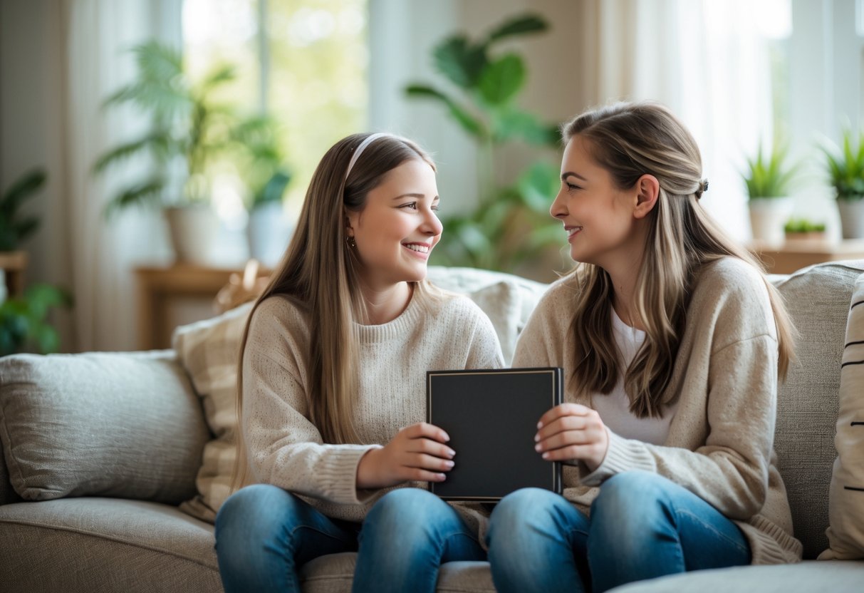 A teenage girl and her stepmother sitting together on a sofa, smiling warmly and sharing a photo album in a cozy living room.