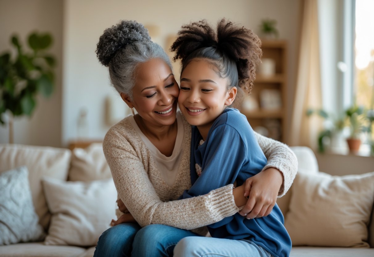 A woman warmly hugging a teenage girl in a cozy living room, showing a loving and close family bond.