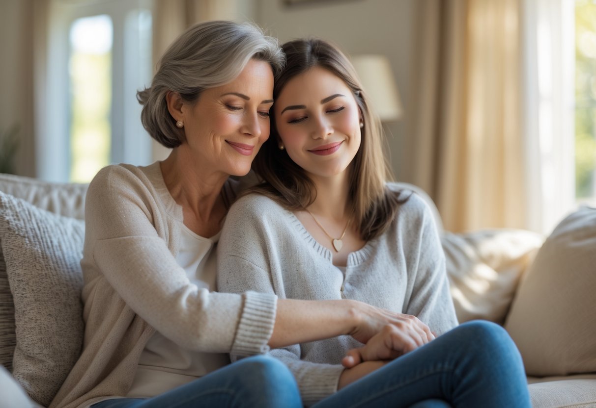 A middle-aged woman gently embraces a younger woman in a cozy living room, both smiling warmly.