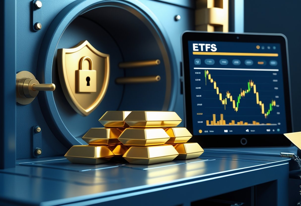 A secure vault filled with gold bars next to a digital screen displaying stock market data, symbolizing physical gold and ETFs.