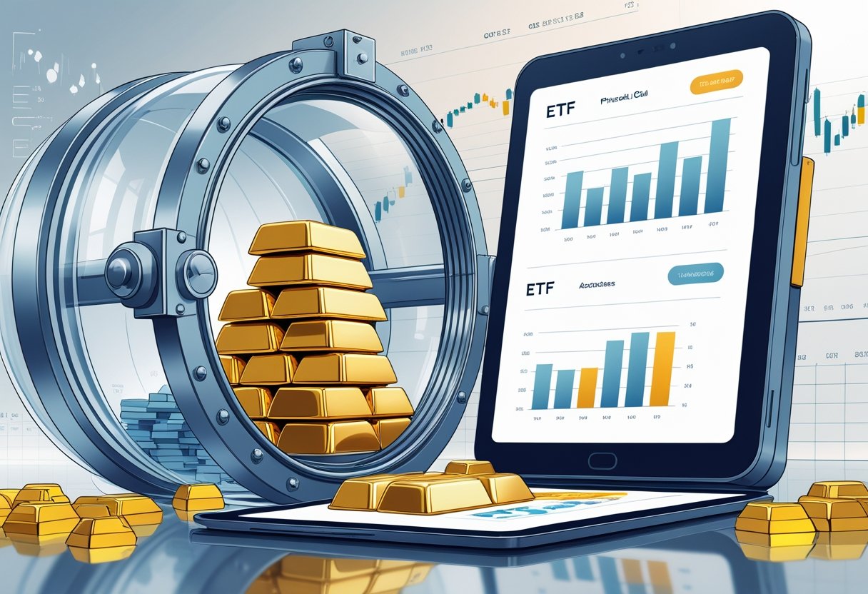 A glass vault containing shiny gold bars next to a digital screen showing abstract stock certificates, with faint financial charts in the background.