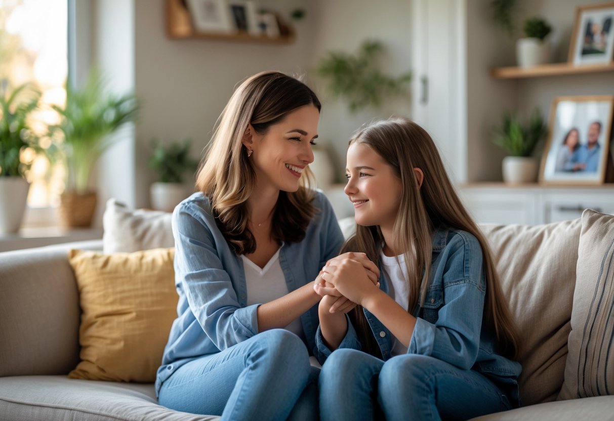 A woman and a teenage girl sitting together on a sofa, smiling and holding hands in a cozy living room.