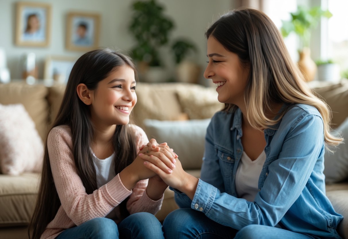 A teenage girl and a woman share a warm, affectionate moment in a cozy living room, smiling and holding hands.