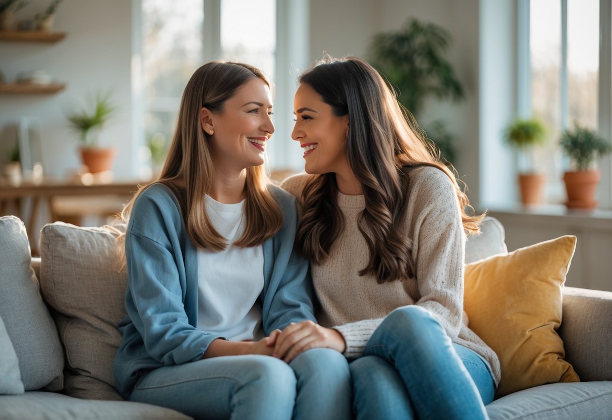 A woman and her teenage bonus daughter sitting closely on a sofa, smiling and talking in a bright living room.