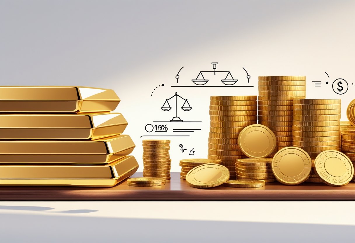 A detailed illustration showing gold bars stacked on one side and gold coins scattered and stacked on the other, with symbolic elements representing transaction costs between them.