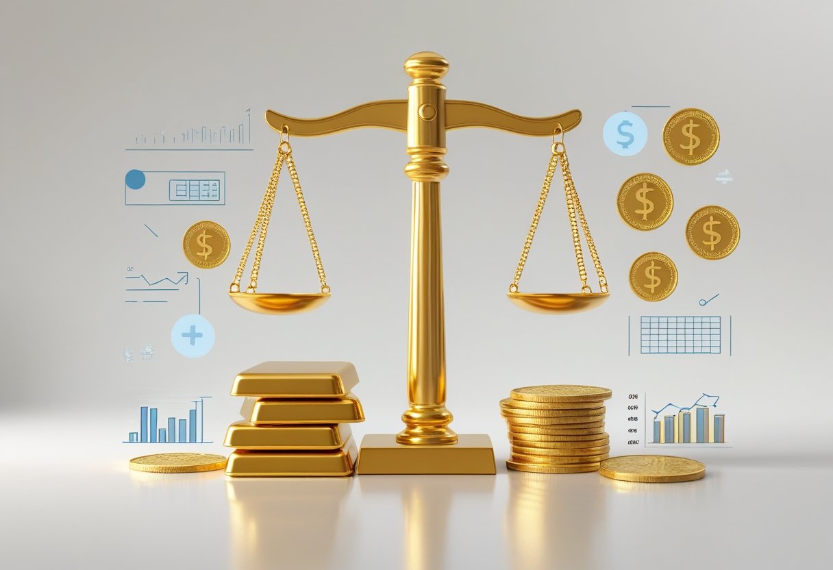 A balanced scale comparing gold bars and gold coins with market-related icons in the background.