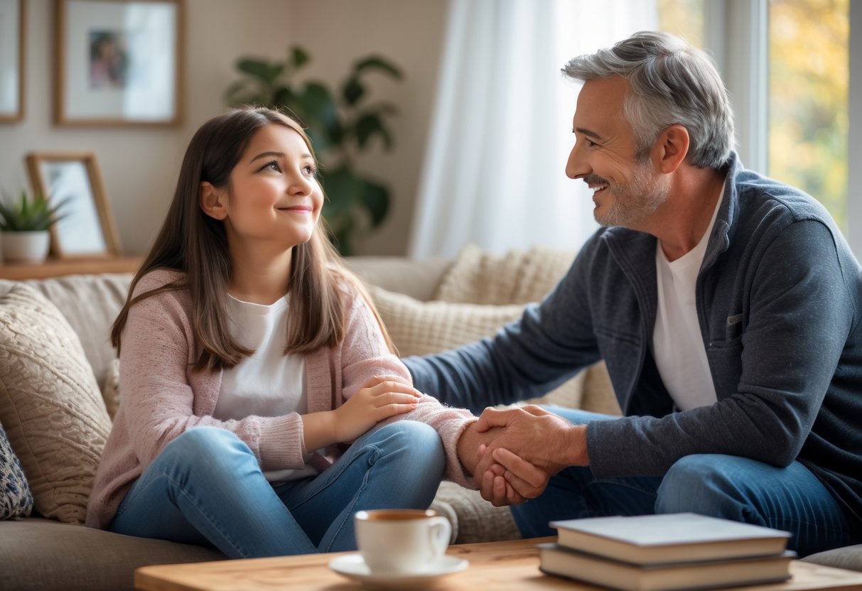 A teenage girl and her step-parent sitting together on a sofa, holding hands and sharing a warm, supportive moment in a cozy living room.