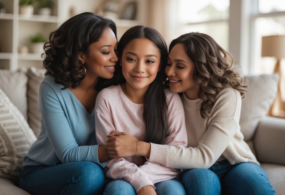 A teenage girl is warmly embraced by two adult women in a cozy living room, showing support and affection.