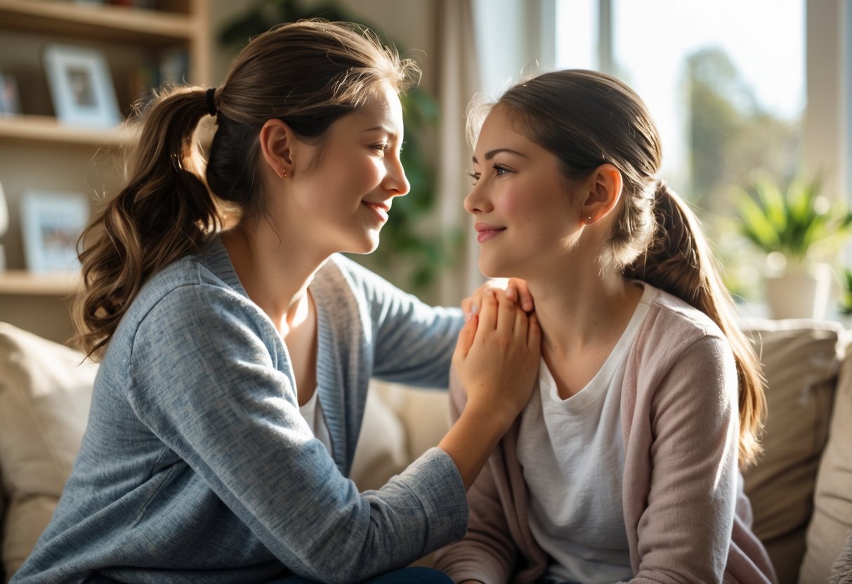 A teenage girl and her stepmother share a warm, supportive moment in a cozy living room.
