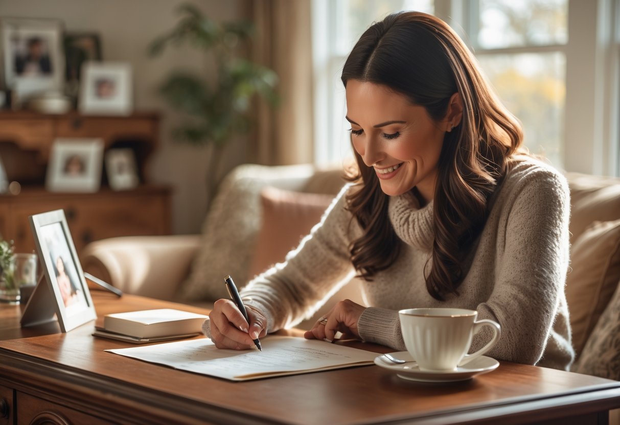 A woman writing a letter at a desk in a cozy living room with family photos in the background.