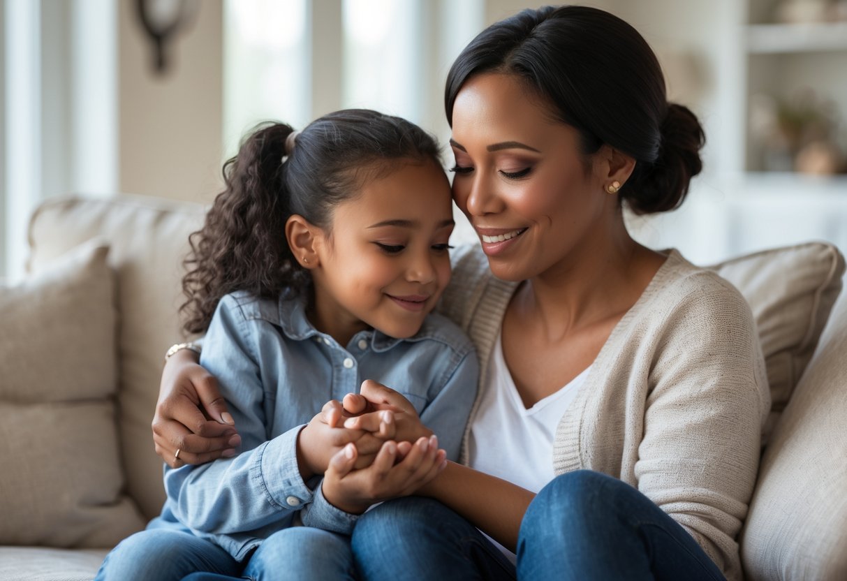 A stepmother and her young bonus daughter share a warm embrace on a couch, showing love and support.