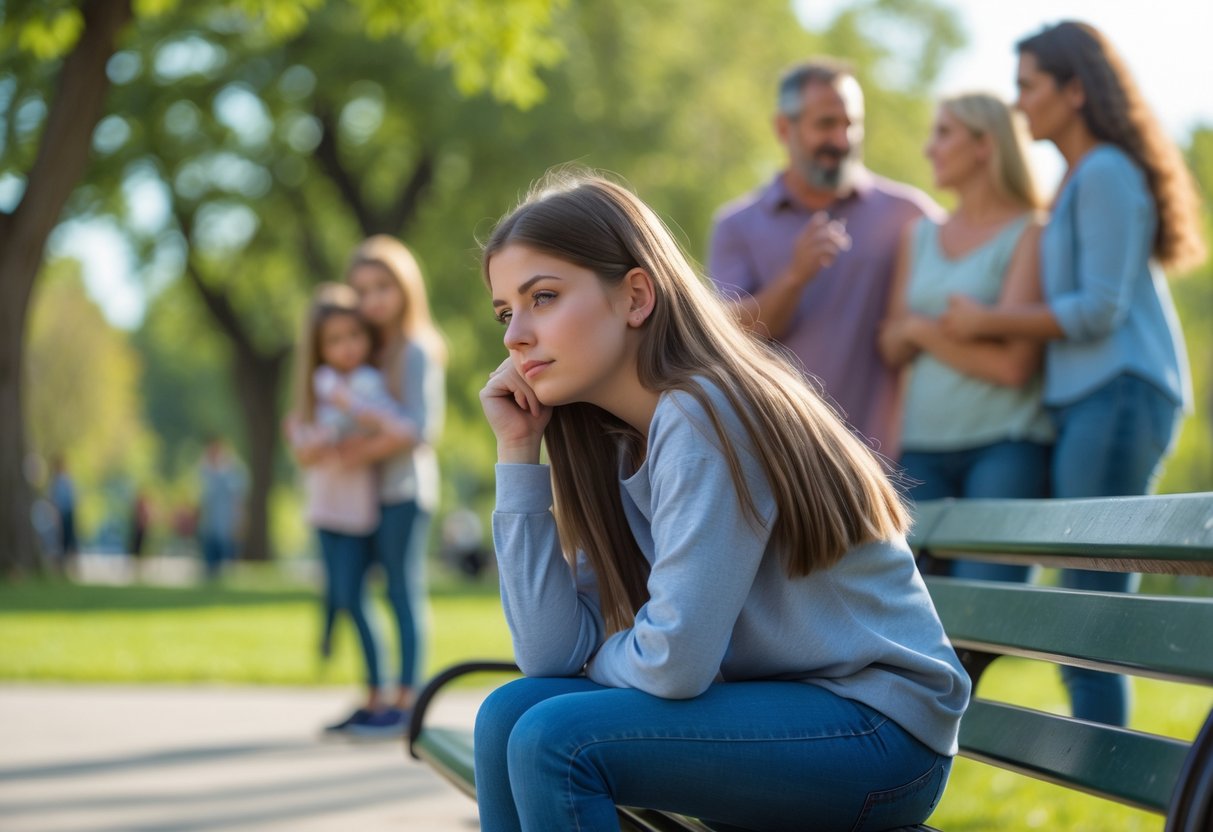 A teenage girl sitting alone on a park bench looking thoughtful while a family interacts happily in the background.