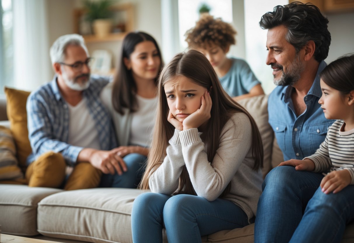 A teenage girl sitting alone on a couch looking thoughtful while her blended family interacts around her in a living room.