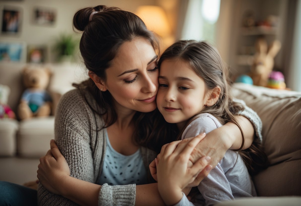 A woman gently embracing a young girl in a cozy living room, both showing warm and comforting expressions.