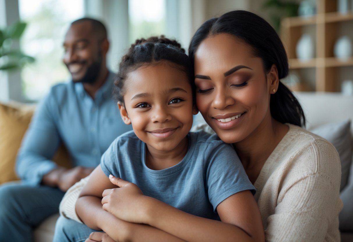 A woman warmly embracing a young child in a cozy living room while a partner looks on lovingly.