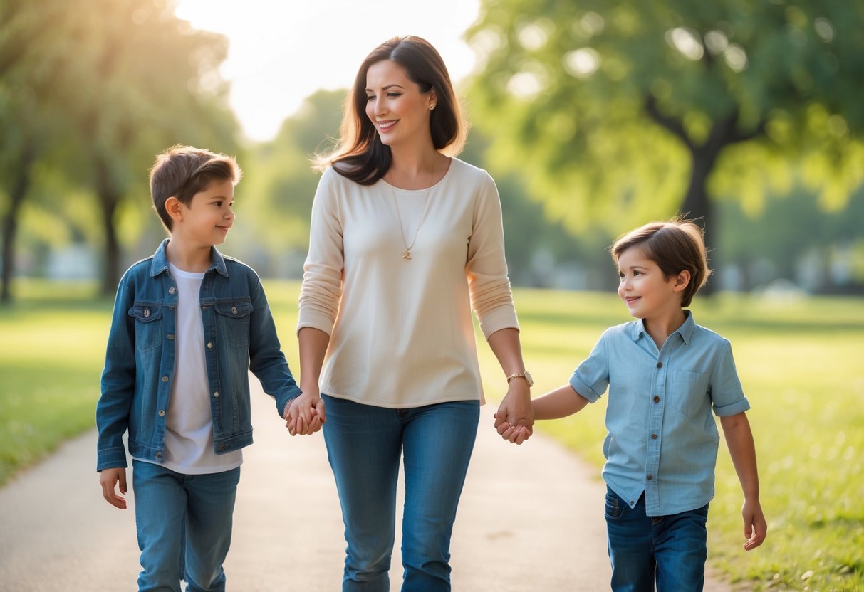 A woman holding hands with two children walking together outdoors in a park.