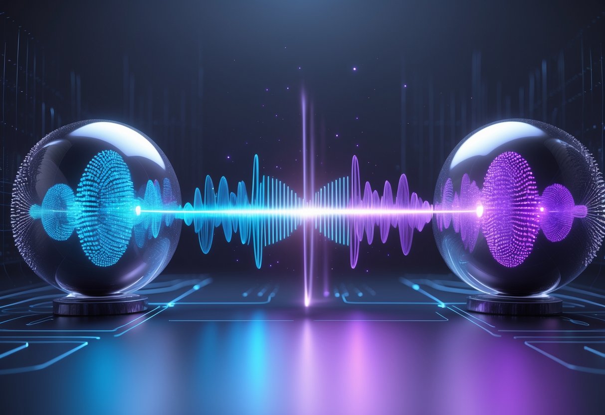 A 3D visualization of two glowing soundwaves merging between two spheres, representing the concept of binaural beats and brain synchronization.