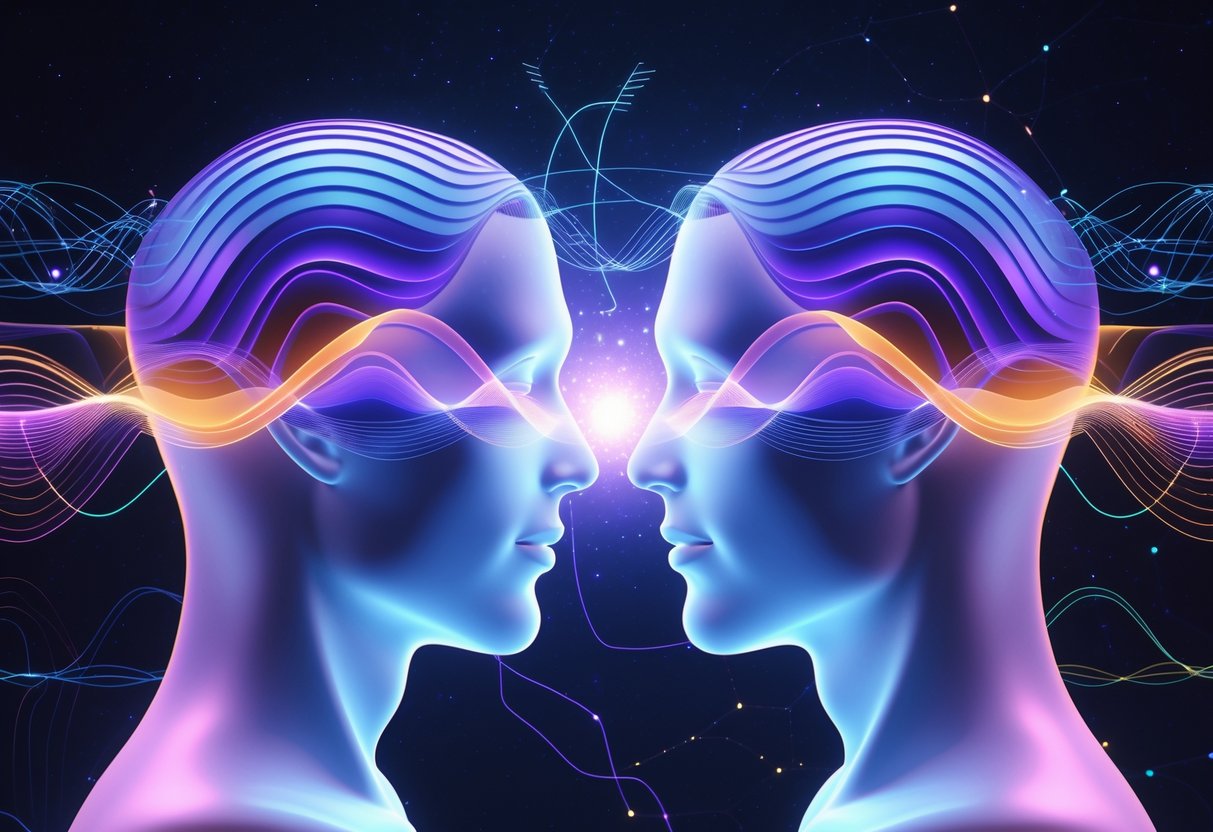 Two human heads facing each other with colorful sound waves and overlapping waveforms between them, surrounded by glowing brainwave patterns in a dark space.