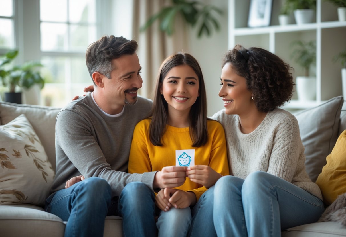 A teenage girl sitting between two adults in a living room, all smiling and embracing warmly, showing acceptance and love.