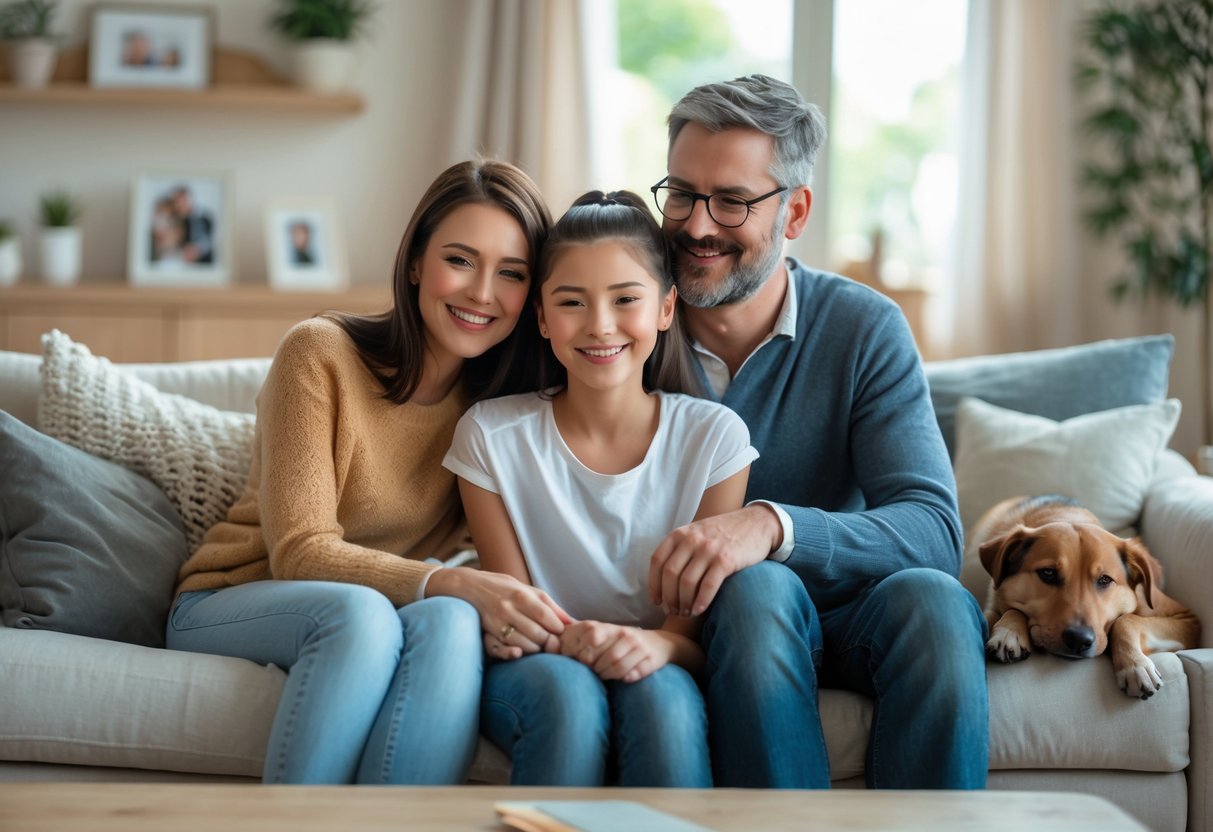 A teenage girl sitting between two adults in a cozy living room, all smiling and showing affection, conveying family acceptance and warmth.