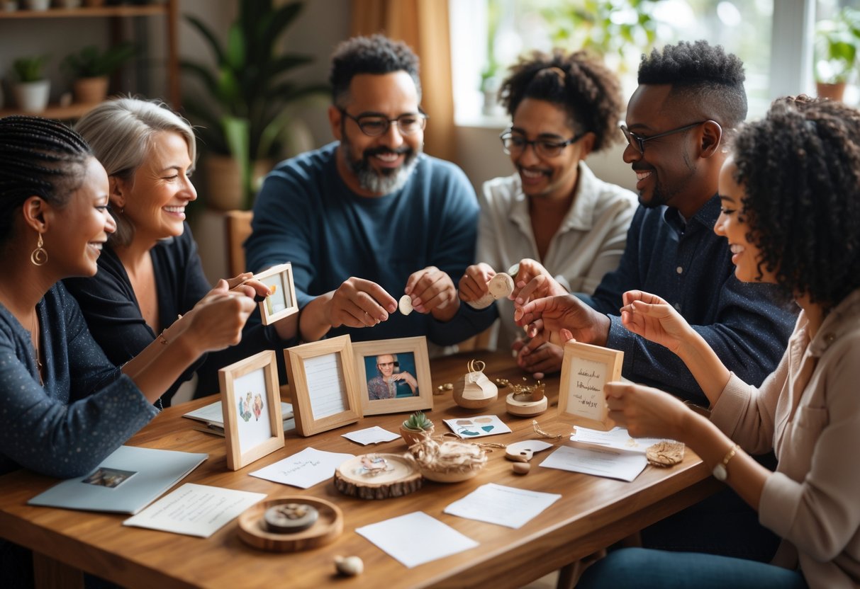 A diverse group of people sitting around a table sharing meaningful keepsakes that represent their chosen family.