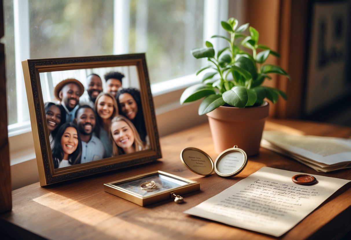 Close-up of a wooden table with a framed photo of friends, a silver locket, a handwritten letter, and a small potted plant, symbolizing chosen family and meaningful keepsakes.