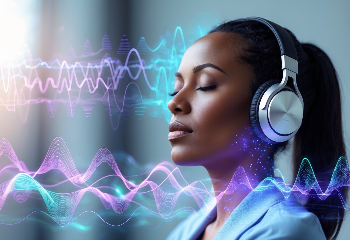A woman wearing headphones with colorful wave patterns around her head representing brain activity.