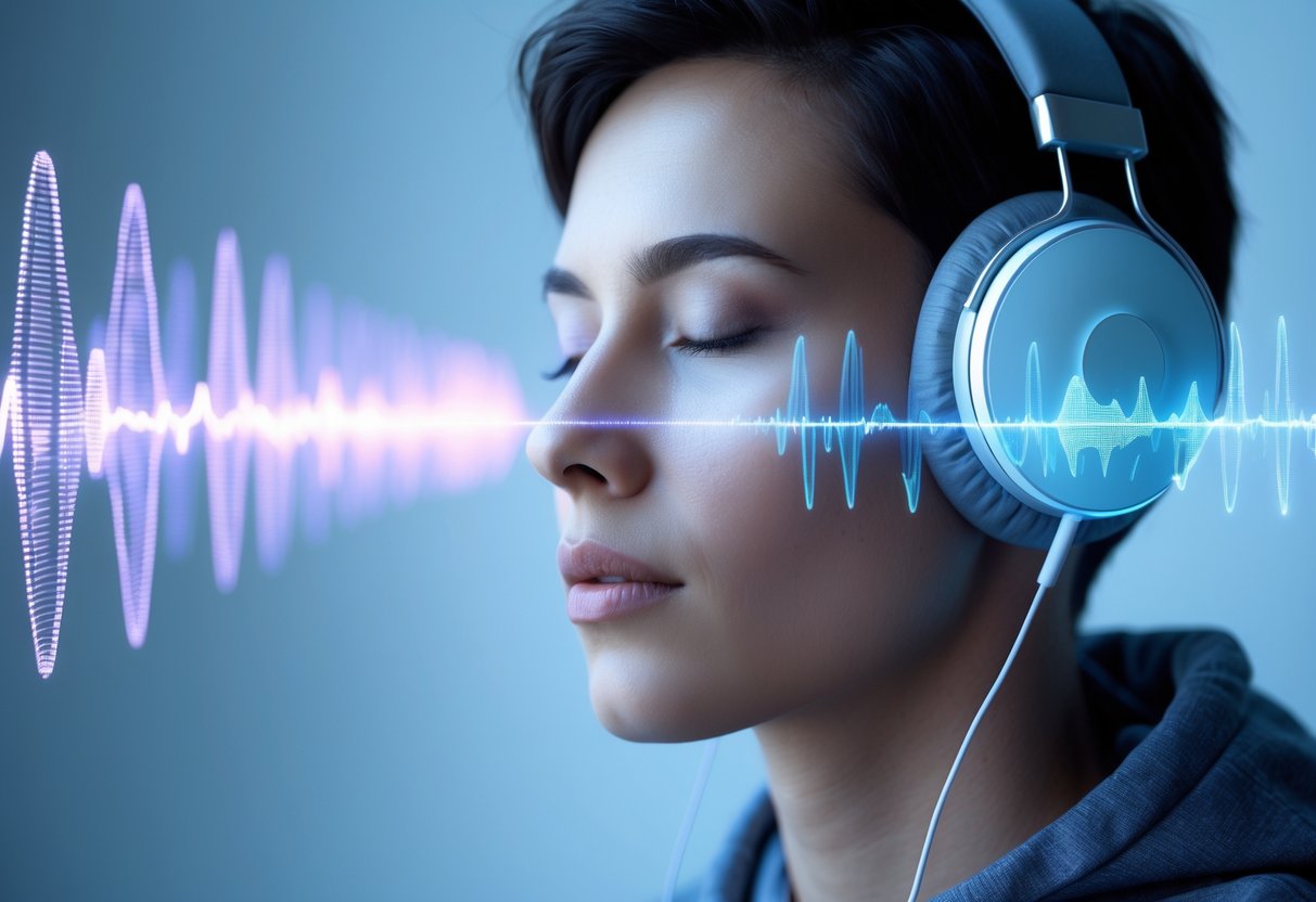 Close-up of a person wearing headphones with eyes closed, surrounded by glowing wave patterns representing brain activity. How Binaural Beats Affect Brainwaves and Brain Activity