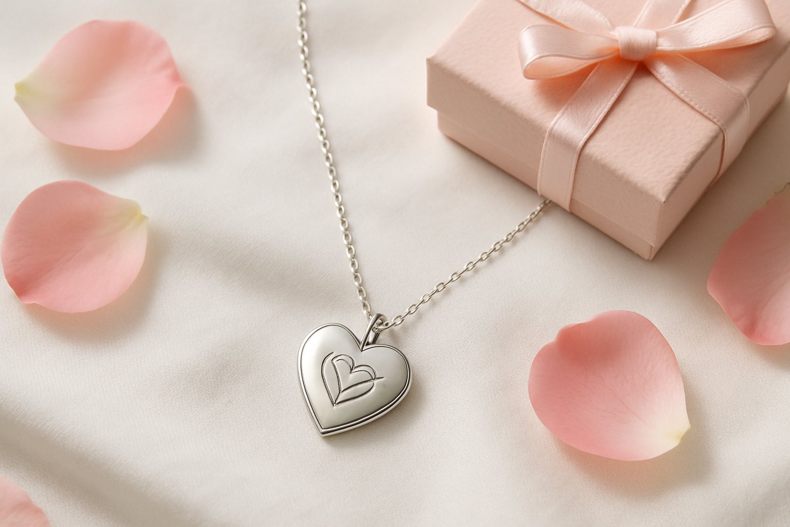 A silver heart-shaped necklace on white fabric surrounded by pink rose petals and a small gift box.