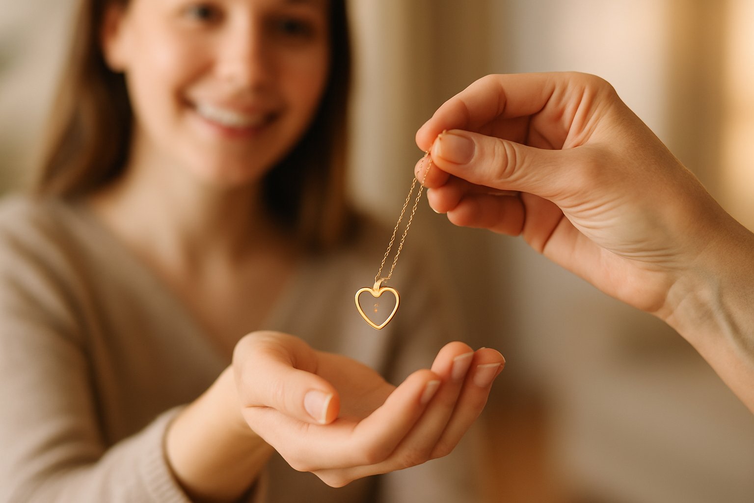 Two women exchanging a heart-shaped necklace in a warm, intimate setting.
