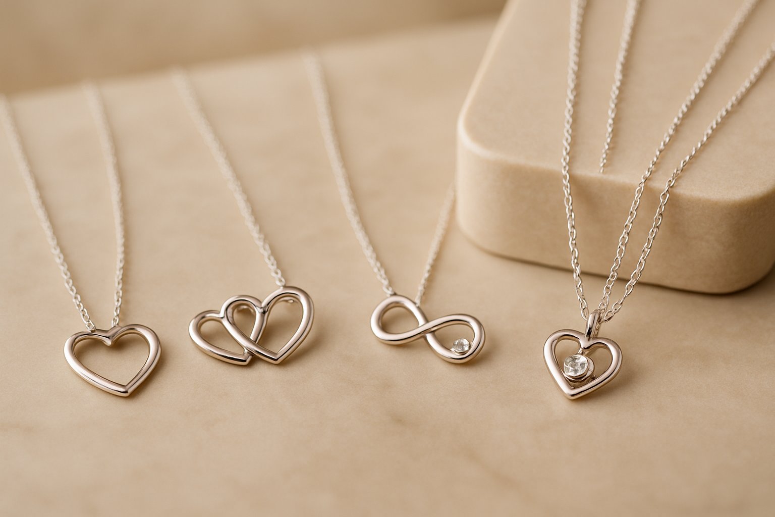 A close-up of several delicate necklaces with heart-shaped and intertwined pendants arranged on a smooth surface.
