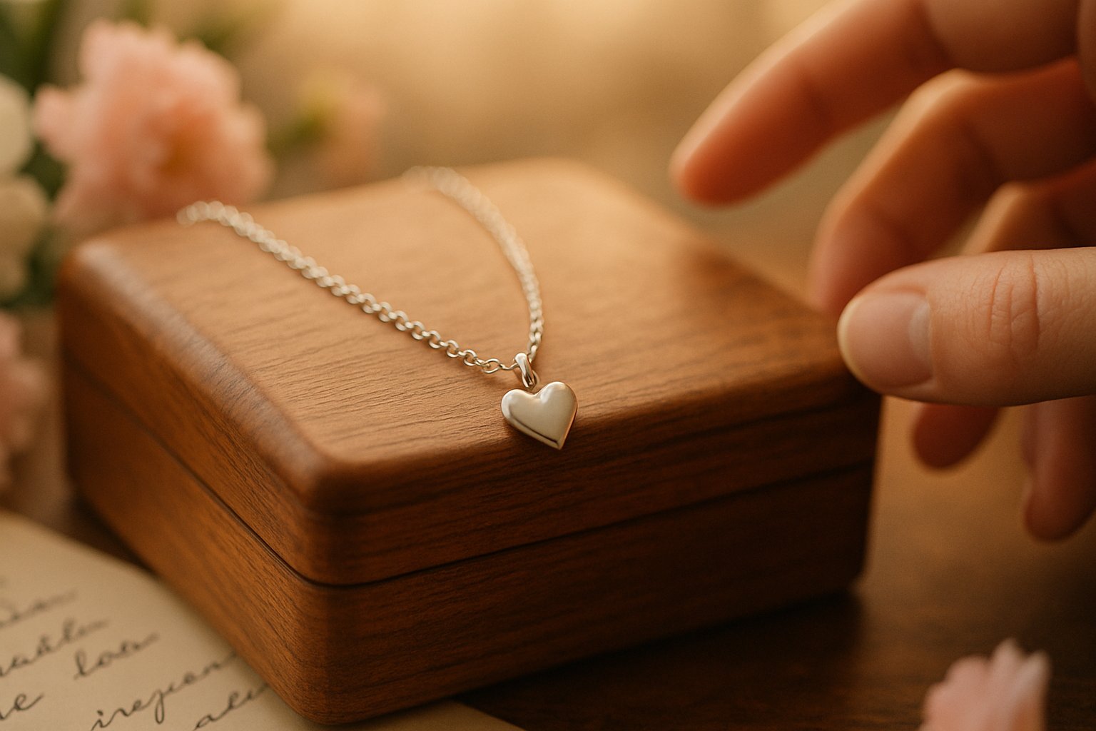 Close-up of a silver heart-shaped necklace on a wooden jewelry box with flowers and a hand reaching toward it.