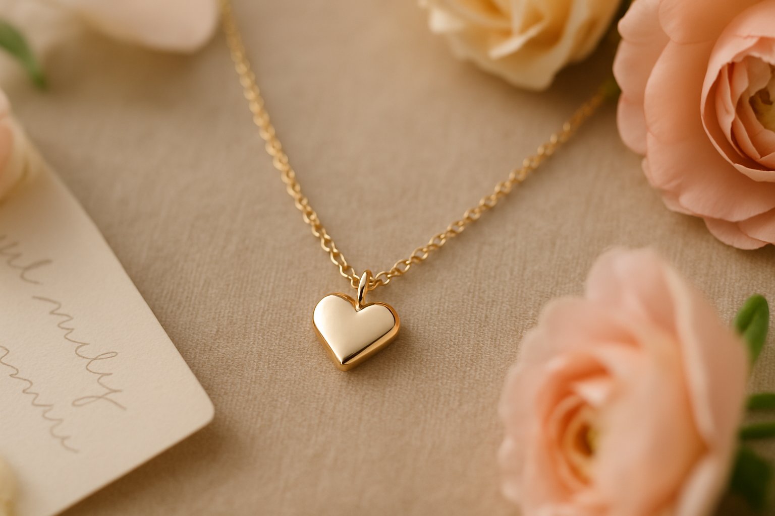 Close-up of a delicate heart-shaped necklace on soft fabric with pastel flowers nearby.