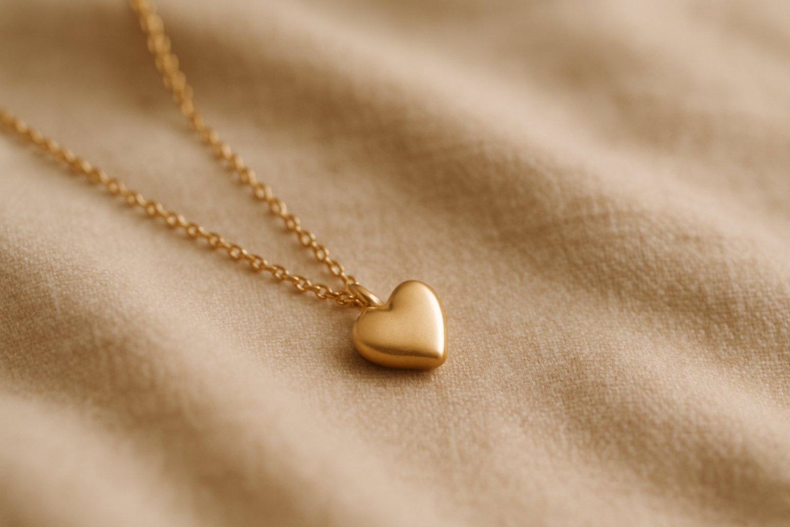 Close-up of a delicate heart-shaped necklace resting on soft fabric, symbolizing love and connection.