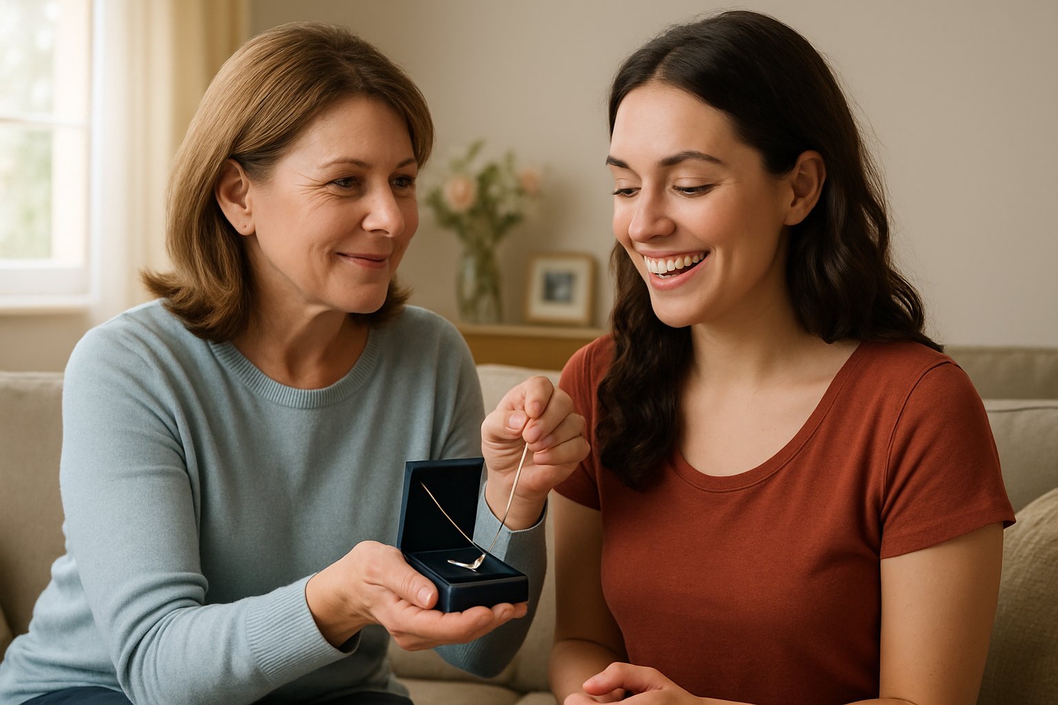 A middle-aged woman giving a necklace to a smiling young woman in a cozy living room.