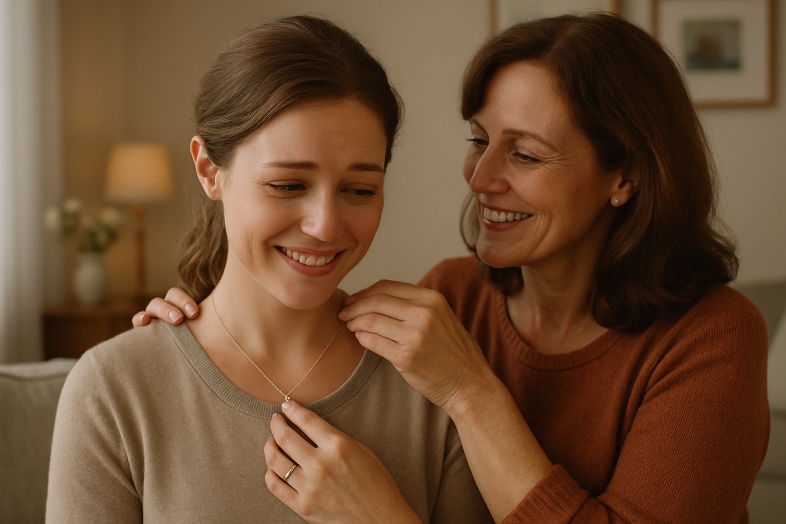 A mother gently places a necklace around her bonus daughter's neck in a warm, cozy living room as they both smile affectionately.