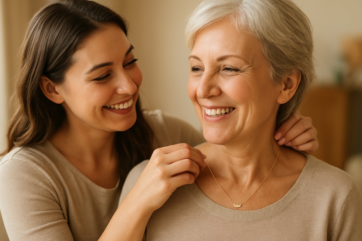 Two women sharing a warm moment as one puts a delicate necklace on the other, symbolizing a meaningful gift between them.