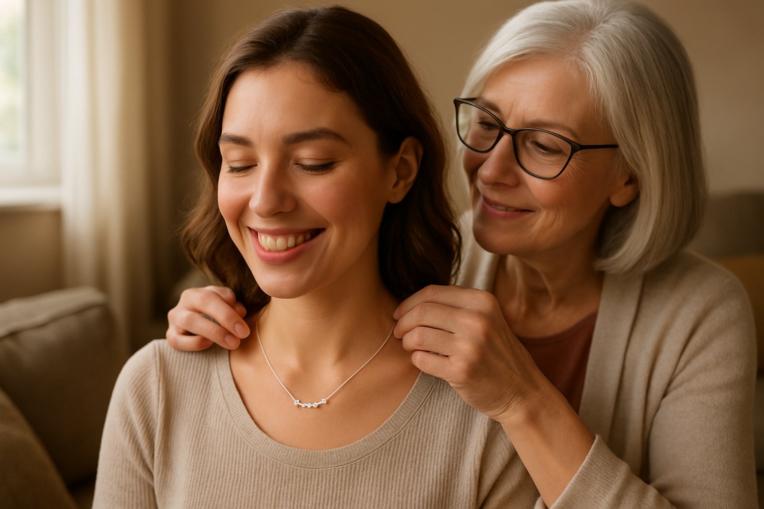 A young woman receiving a message necklace from an older woman, both smiling warmly in a cozy living room.