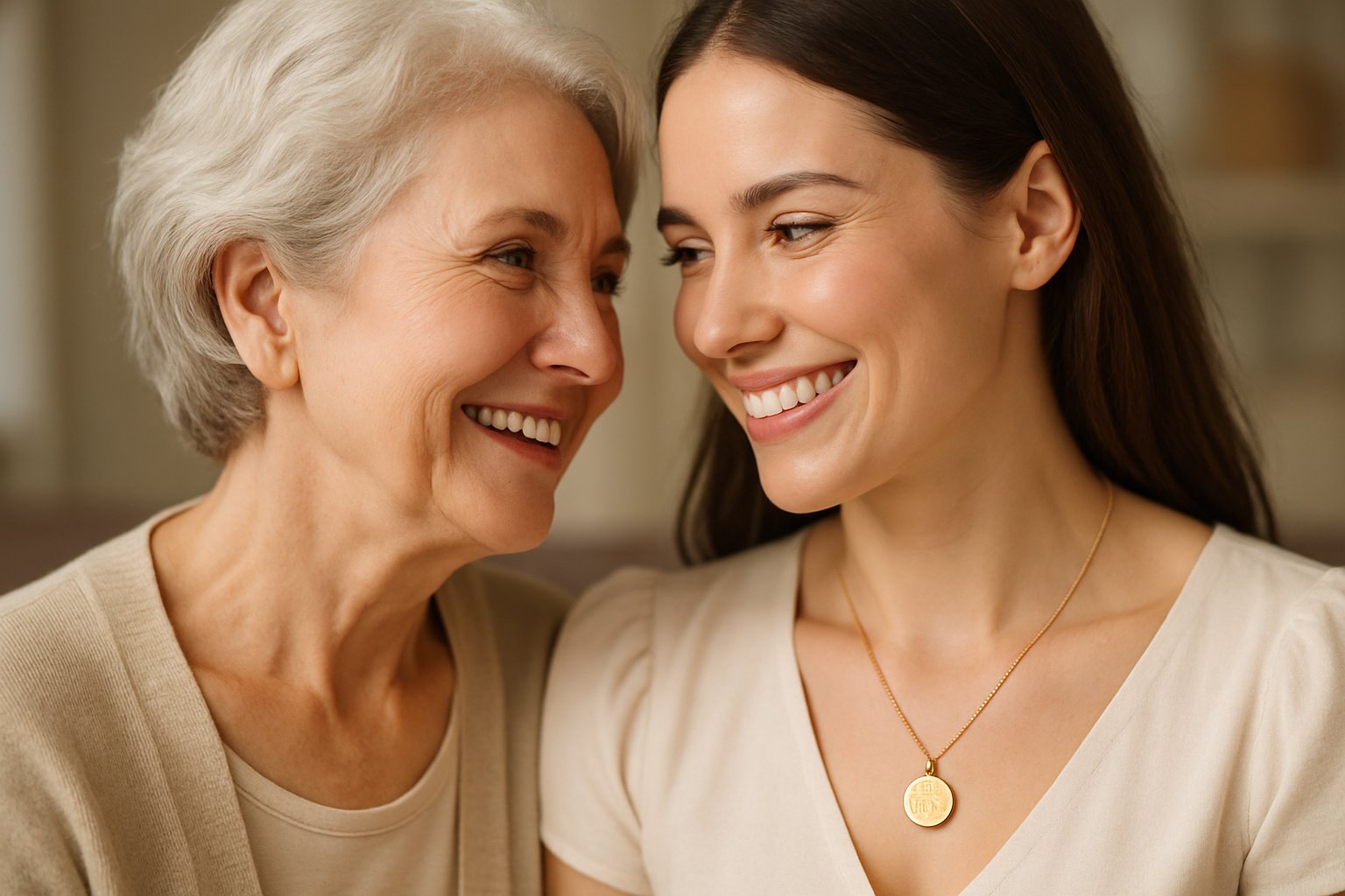 Two women sharing a warm moment, one wearing a necklace with an engraved pendant, symbolizing a meaningful bond.