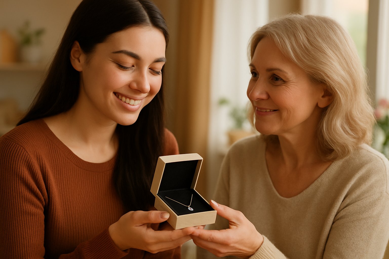 A young woman receives a jewelry gift from another woman, both smiling warmly in a softly lit room.