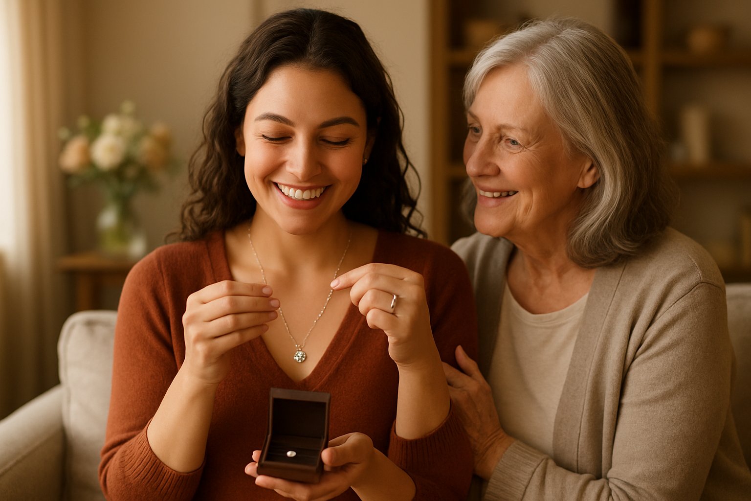 A young woman happily receiving a heart-shaped necklace from an older woman in a cozy living room.