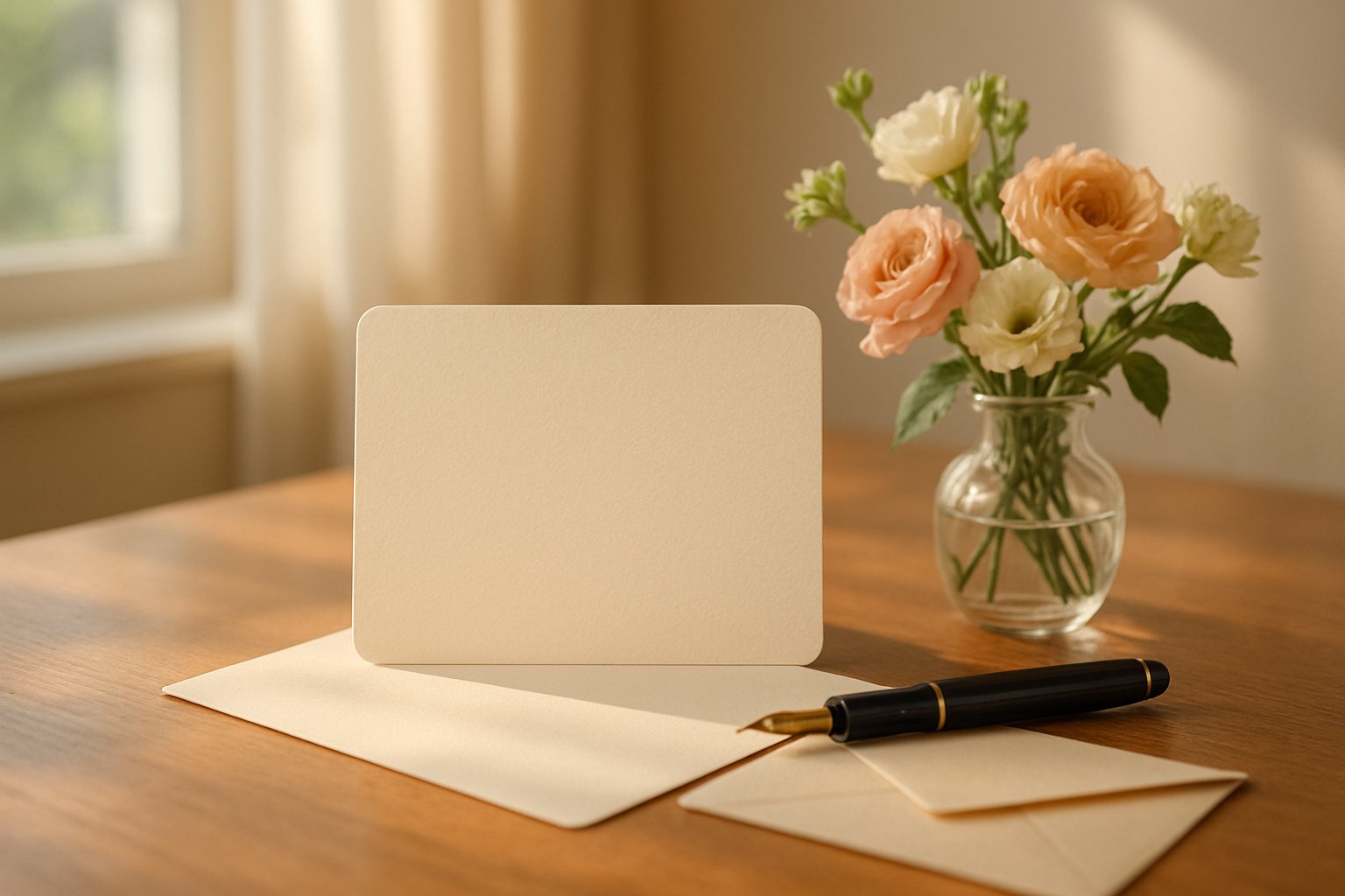 A blank message card on a desk surrounded by a pen, flowers, and an envelope with soft natural light coming through a window.