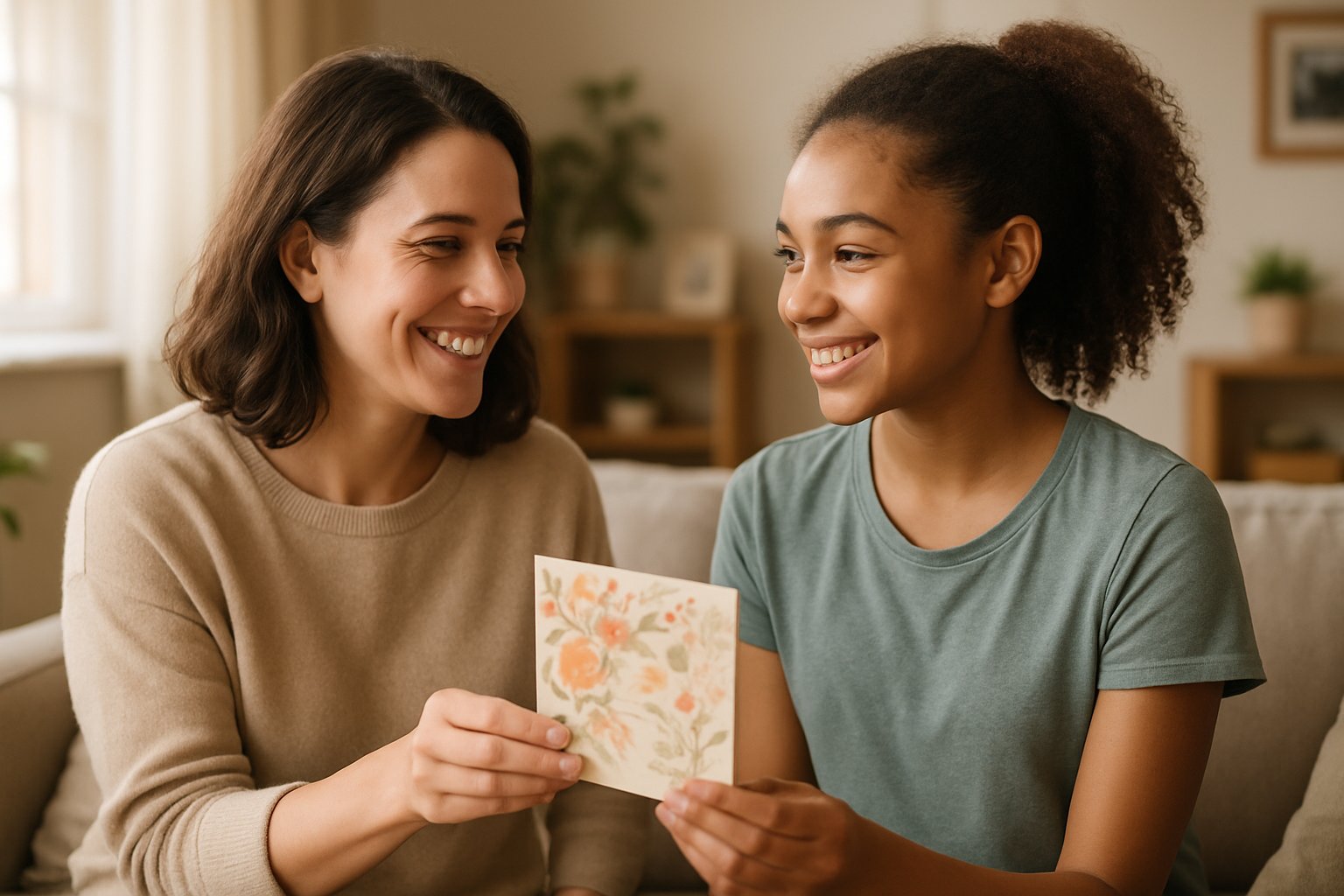 A woman giving a greeting card to a smiling teenage girl in a cozy living room, sharing a warm family moment.