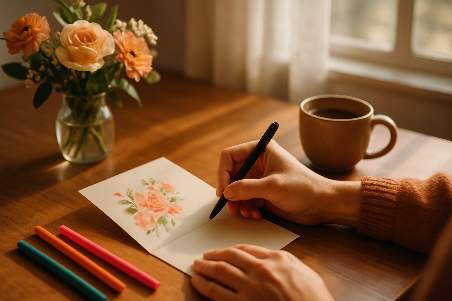 A person writing a message on a greeting card at a desk with flowers and a cup nearby.