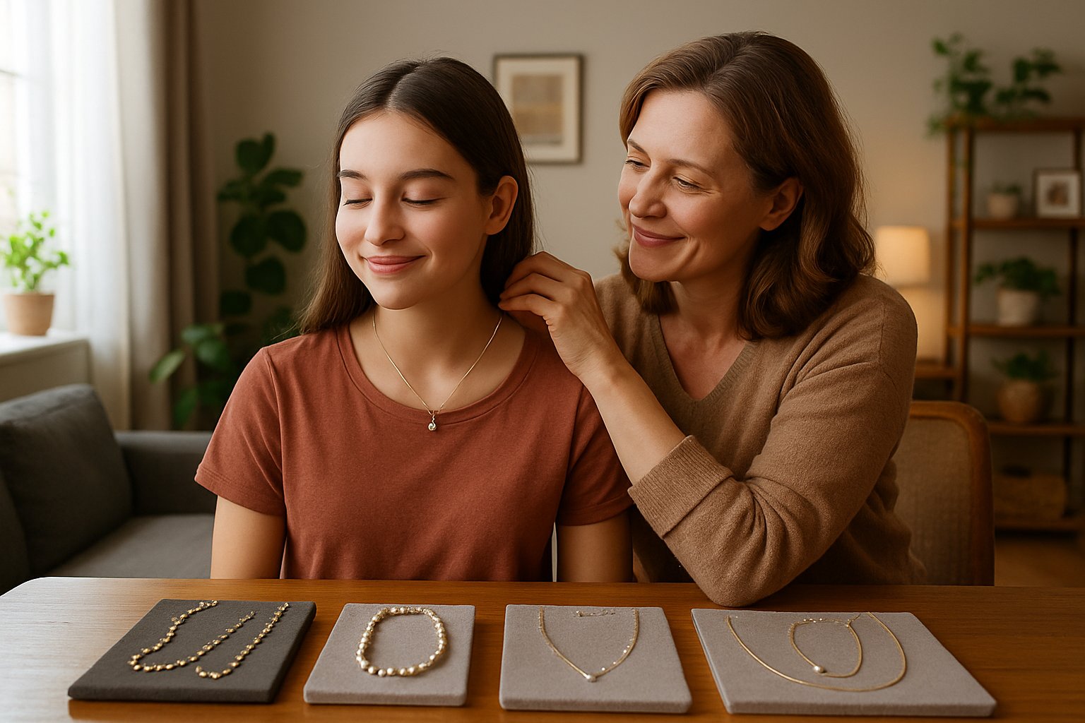 A woman helps her teenage bonus daughter try on a silver heart necklace while sitting together at a table with several necklaces displayed.
