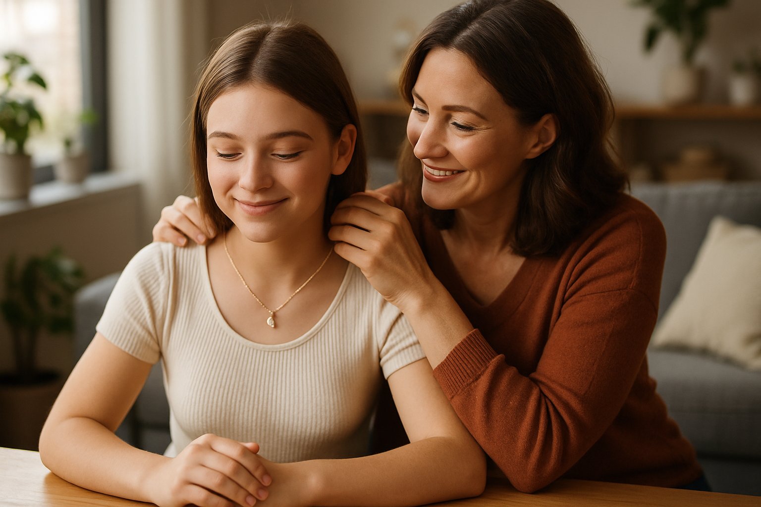 A mother helping her bonus daughter put on a necklace while they sit together at a table, both smiling warmly.