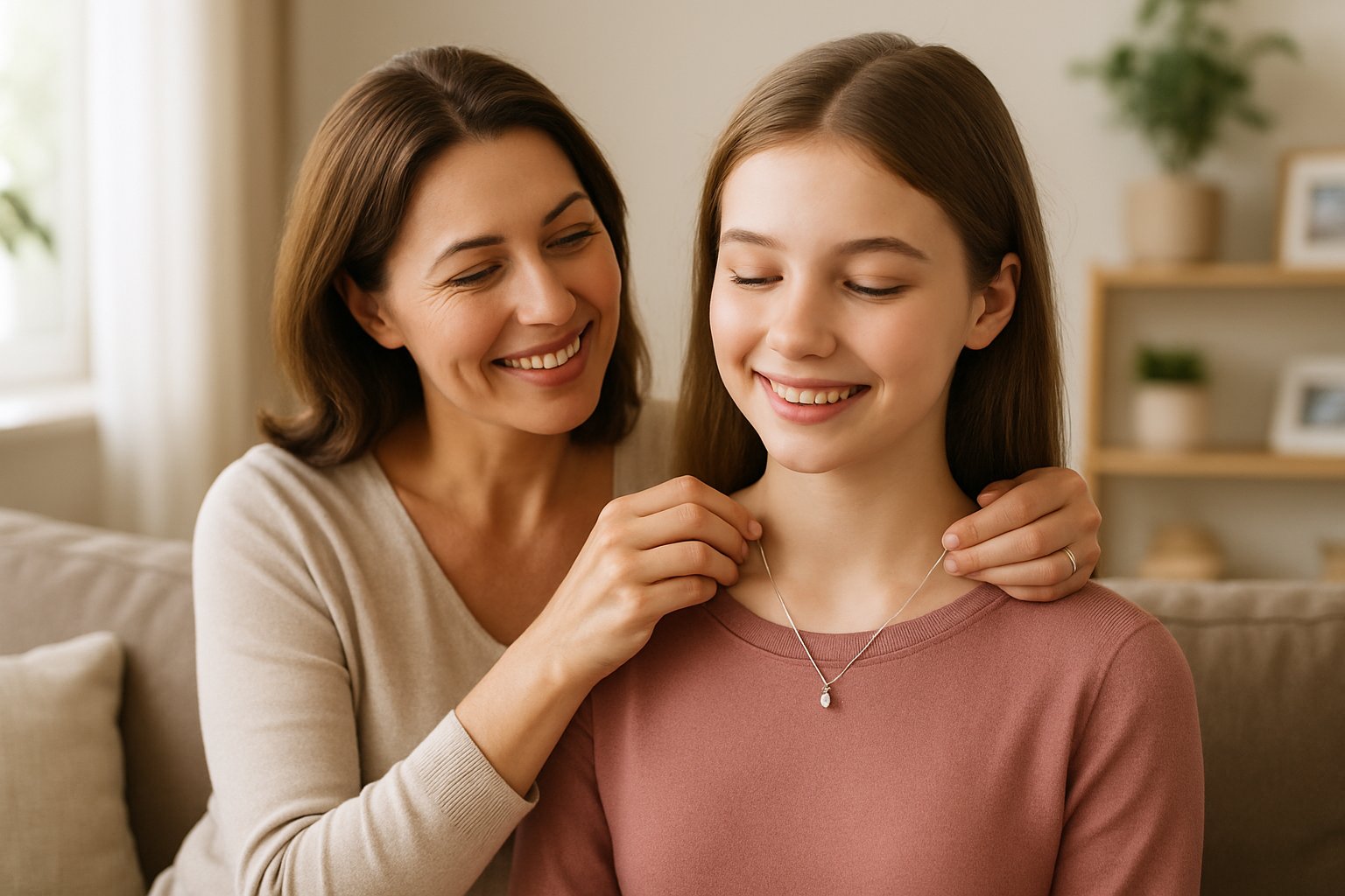 A stepmom placing a necklace around her bonus daughter's neck in a cozy living room.