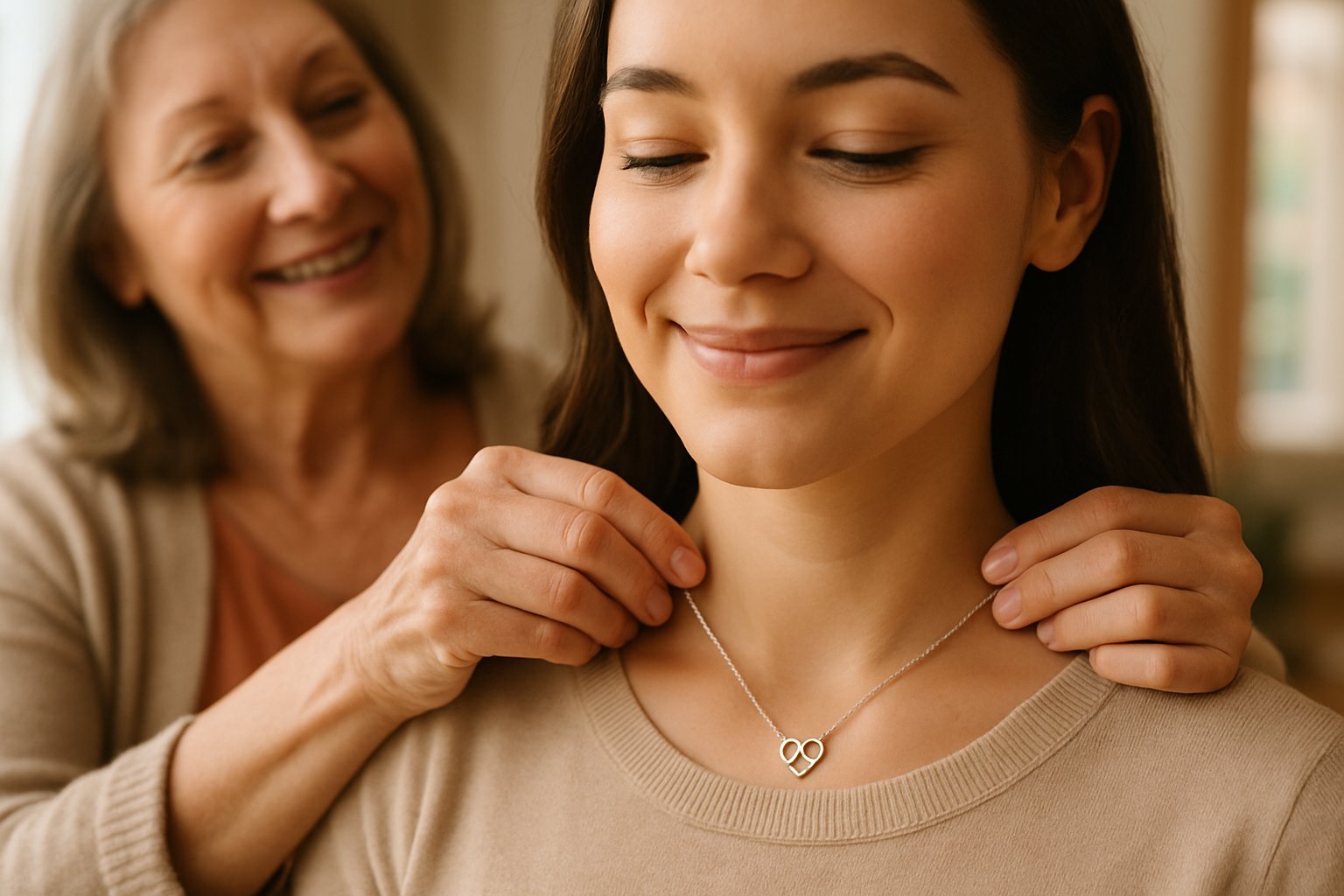 An older woman gently placing a necklace around a younger woman's neck in a warm, indoor setting.